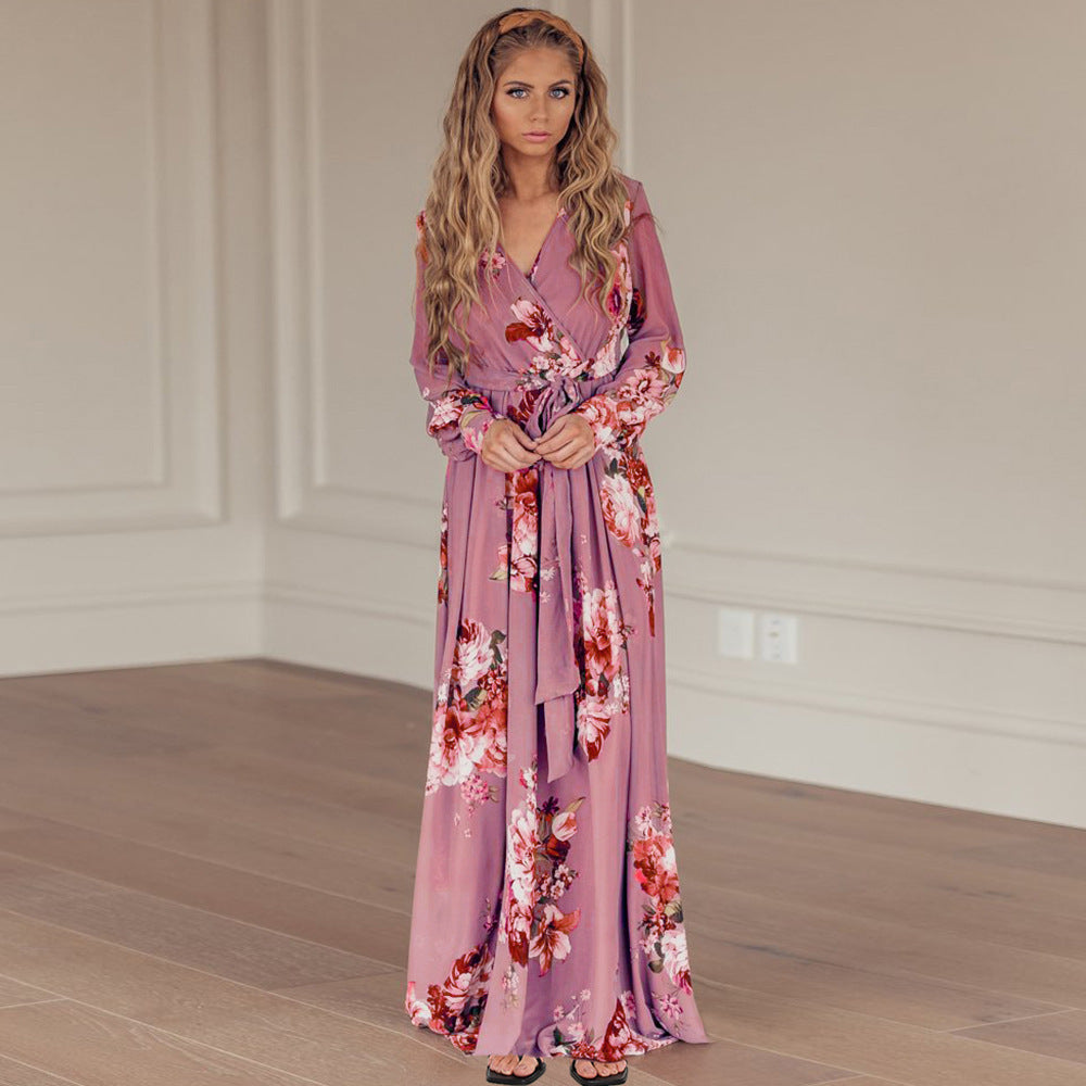 Women's Plus Size New V-neck Long-sleeved Floral Knitted Dress
