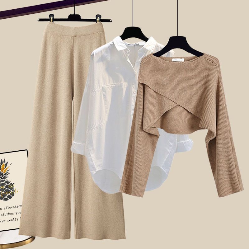 👑 Zeynab– Ensemble 3 Pièces Pull Tricoté, Chemis et Pantalon Large