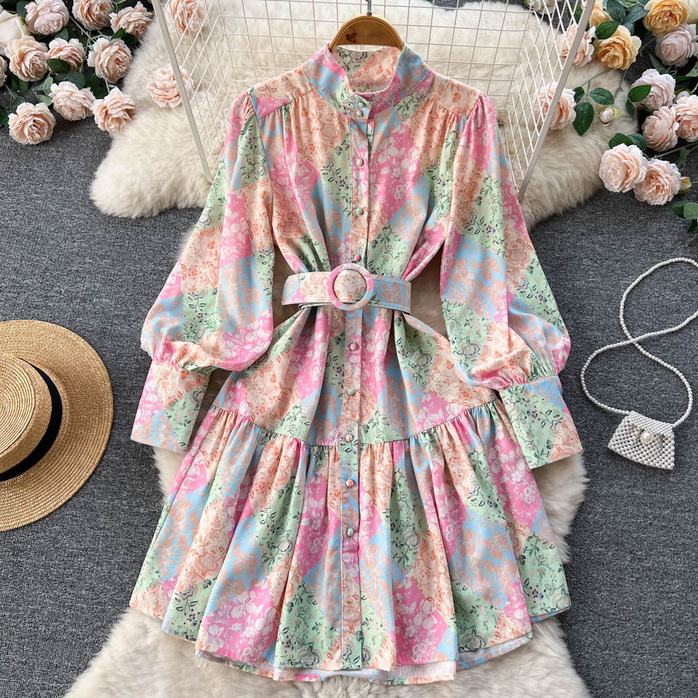 French Retro Printed Pleated Waist Tight Puff Sleeve Midi Dress