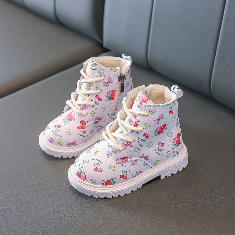 Girls' Martin Boots – Strawberry Print & Warm Lining | Waterproof & Stylish