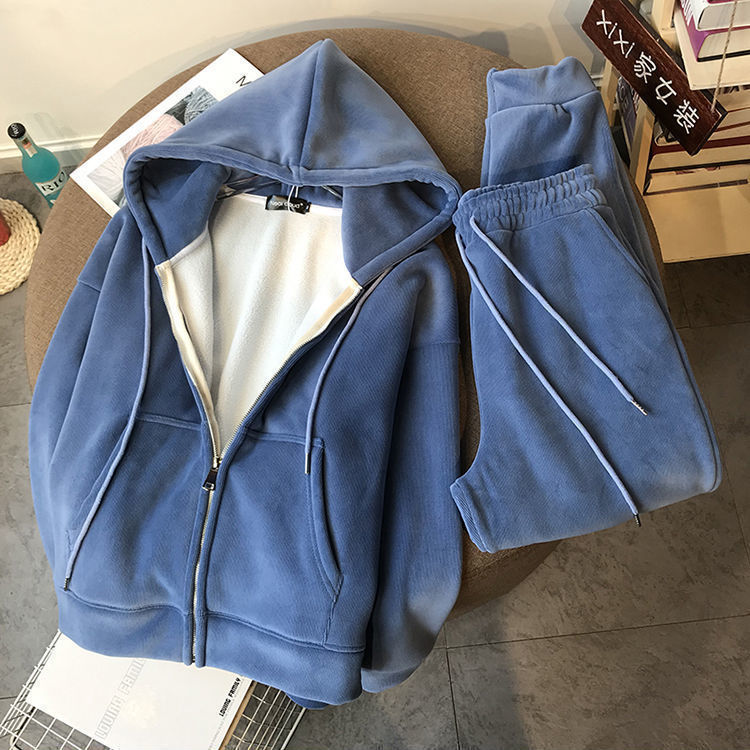 Plush Thickened Zipper Sweater Women's Tide Suit Korean Loose Sports Two-piece Suit