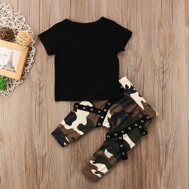 Summer Short-sleeved Black Top Casual Camouflage Pants Boys Suit
