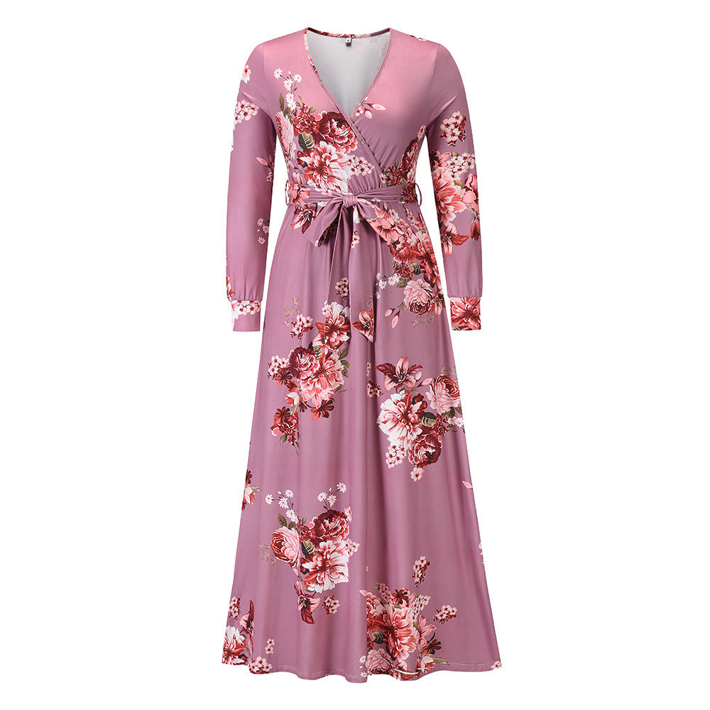 Women's Plus Size New V-neck Long-sleeved Floral Knitted Dress