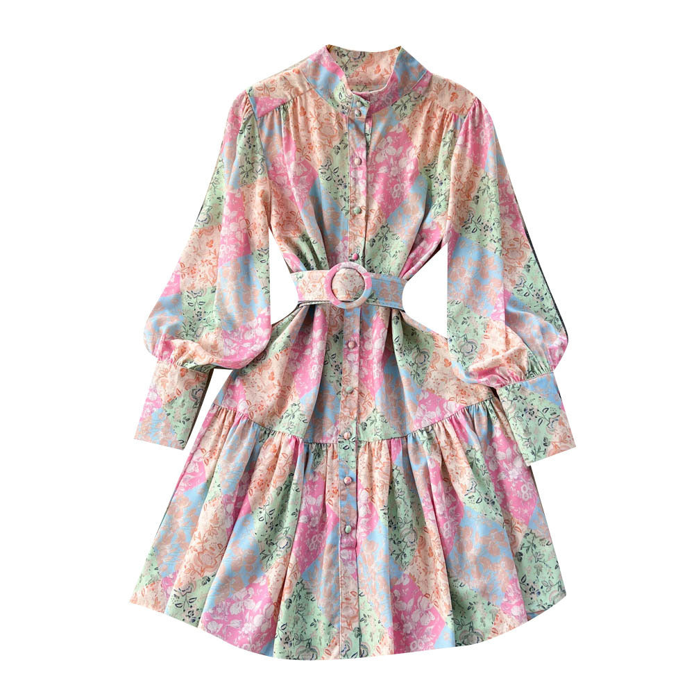 French Retro Printed Pleated Waist Tight Puff Sleeve Midi Dress