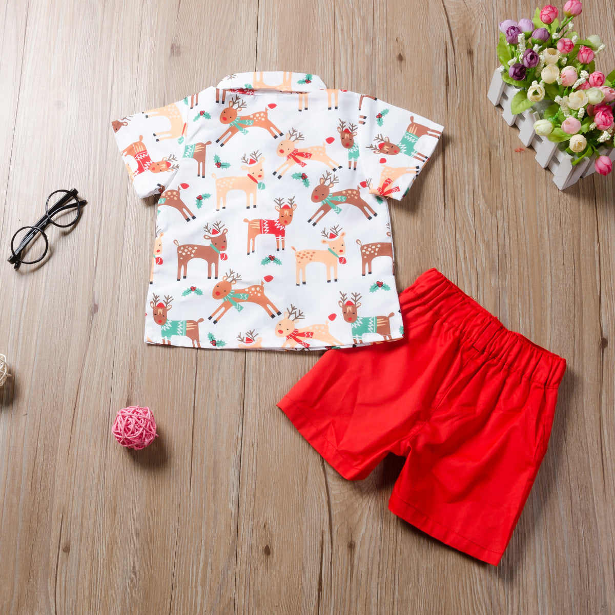 Boys Christmas Deer Print Shirt Shorts Set