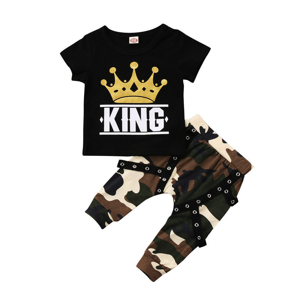 Summer Short-sleeved Black Top Casual Camouflage Pants Boys Suit