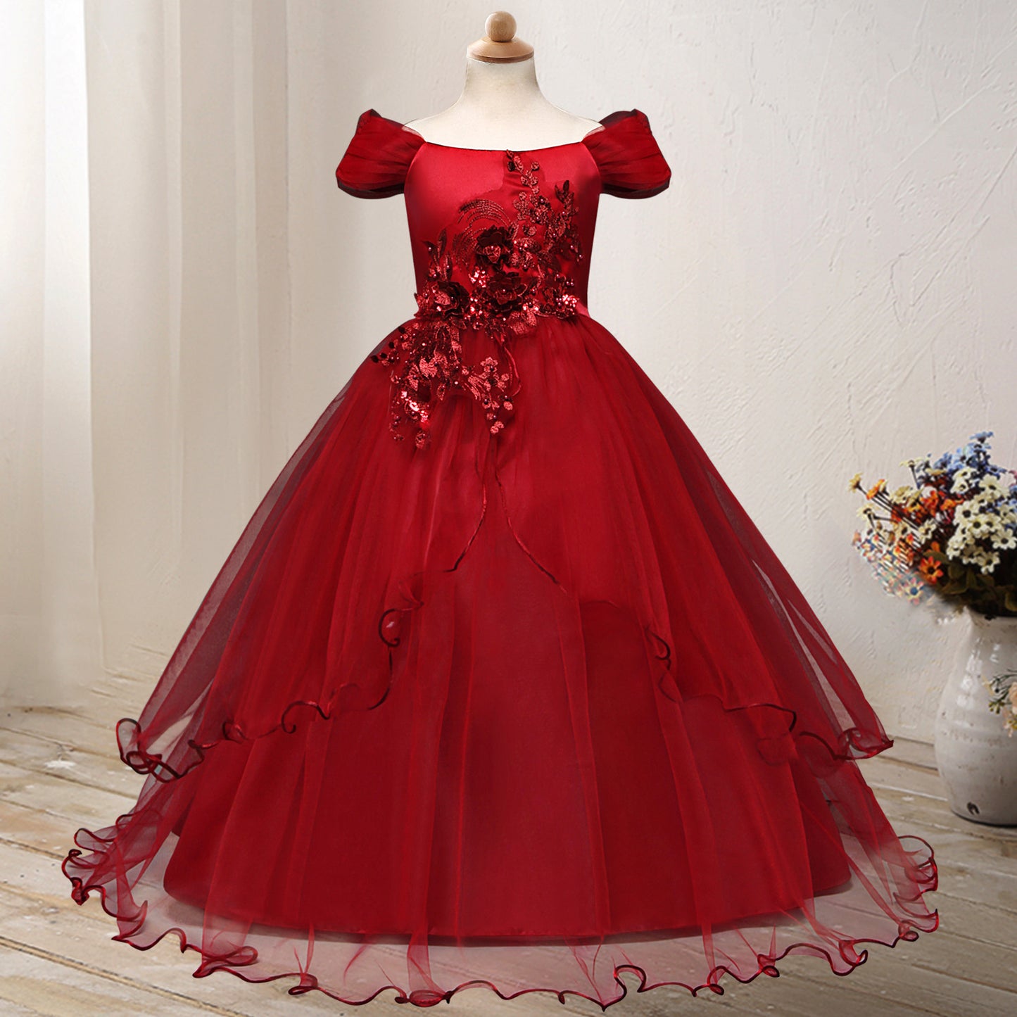 👑 Robe Princesse Épaule Dénudée – Fleur Élégance Fille