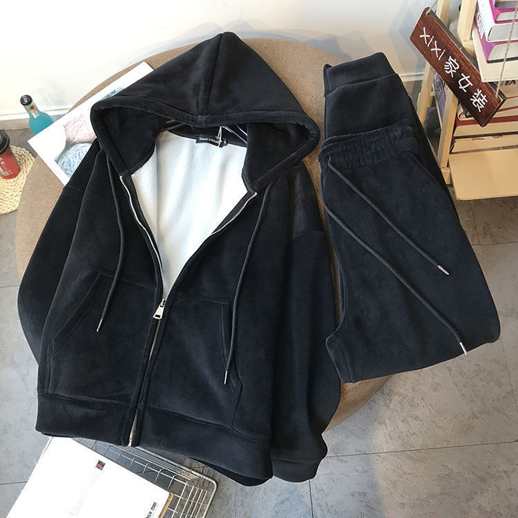 Plush Thickened Zipper Sweater Women's Tide Suit Korean Loose Sports Two-piece Suit