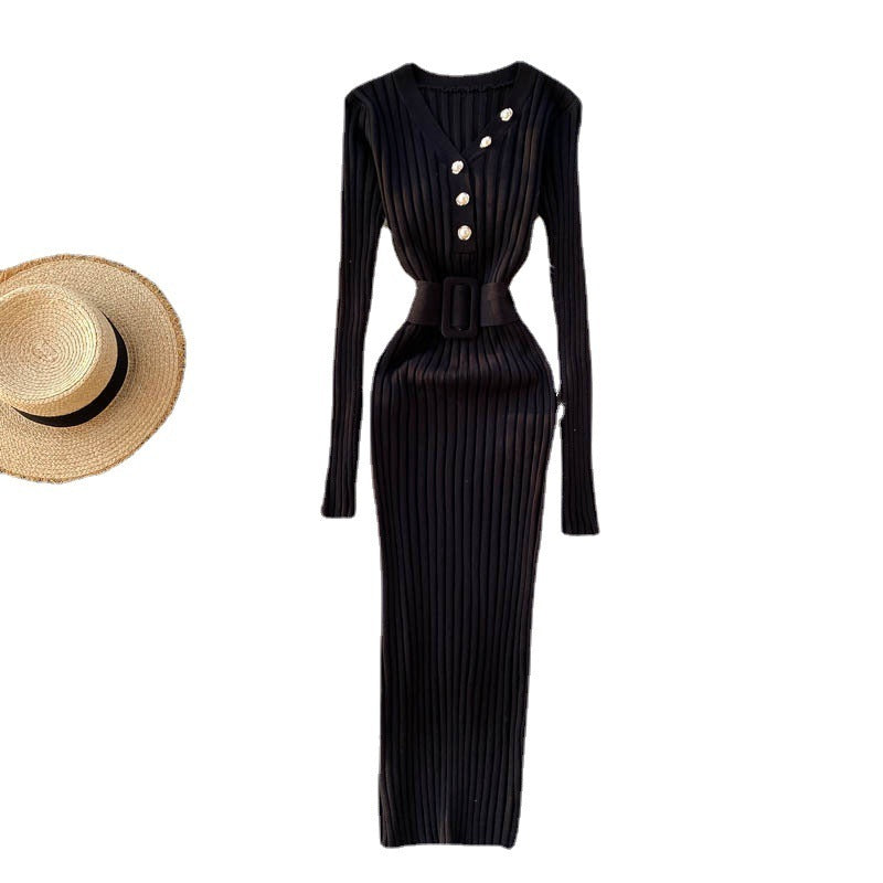 🌸 ALINA – Robe Slim Tricotée à Rayures Creuses avec Ceinture