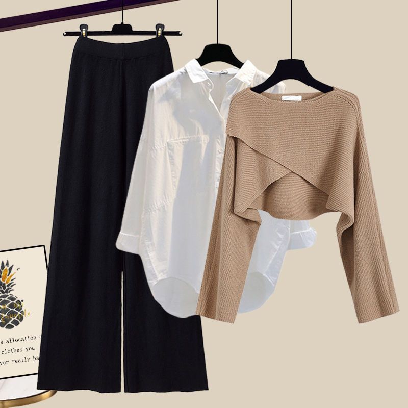 👑 Zeynab– Ensemble 3 Pièces Pull Tricoté, Chemis et Pantalon Large