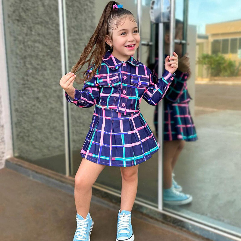 Children's Plaid Pleated Skirt Skirt Suit