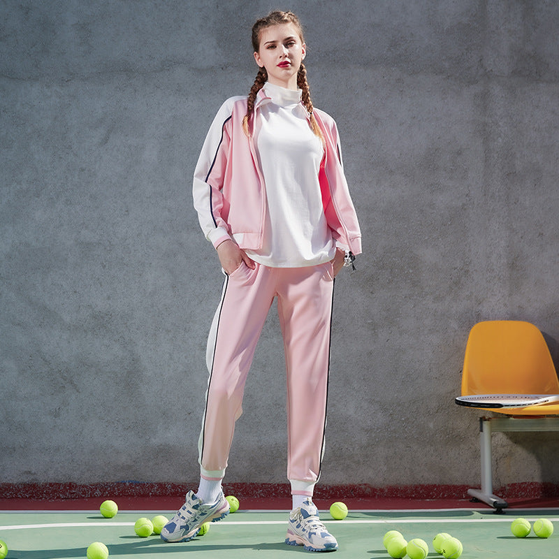 Amazon Autumn And Winter New Ladies Sports Suit Texture Thread Stand Collar Fashion Color Matching Two-Piece Zipper Cardigan