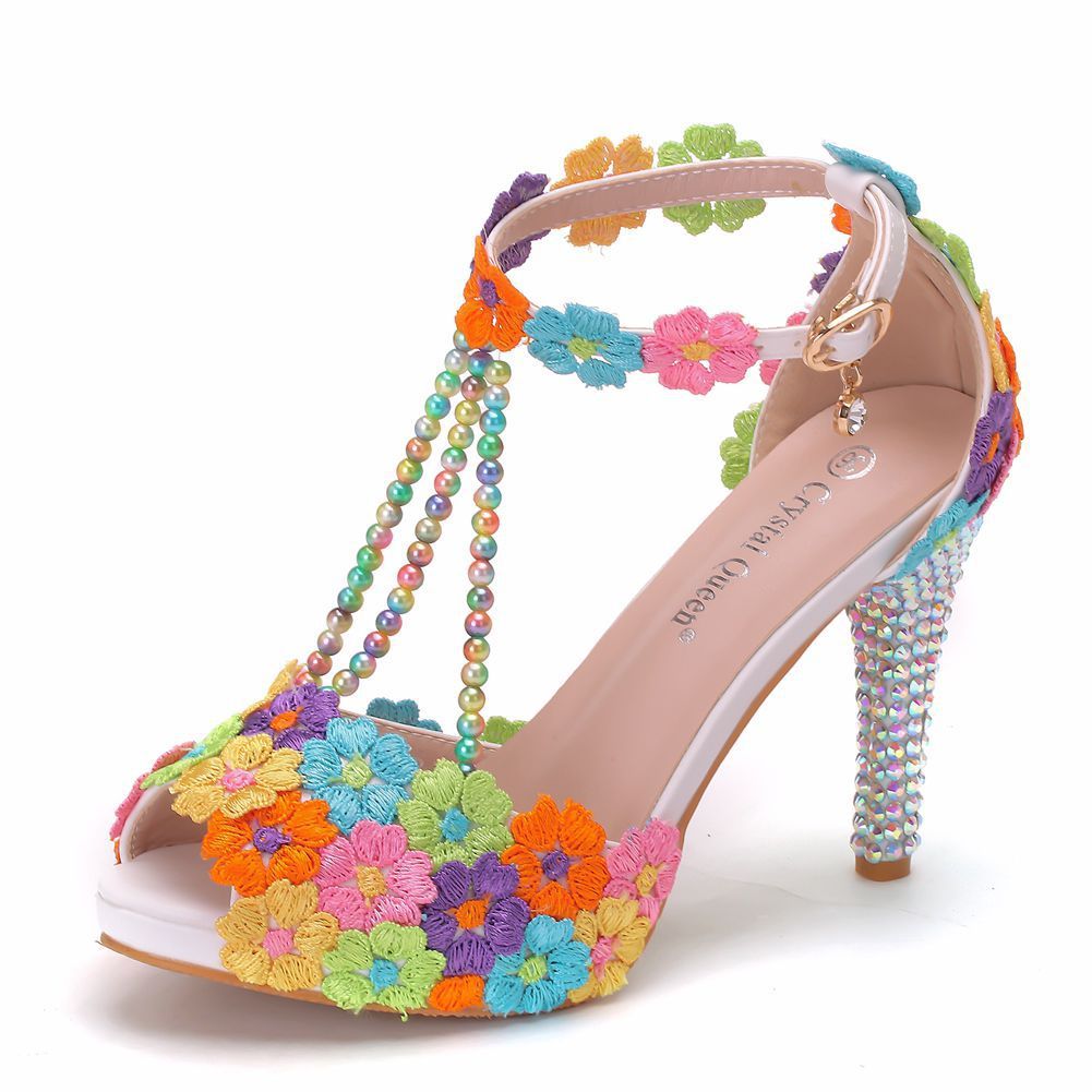 10 Cm Fish Mouth Beaded Rhinestone Platform High-Heeled Sandals Platform Sandals Stiletto Lace Beaded Wedding Shoes