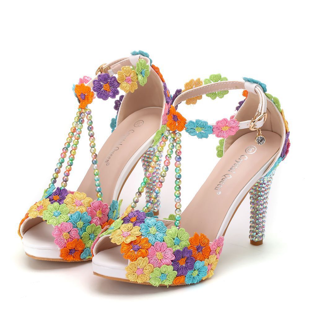 10 Cm Fish Mouth Beaded Rhinestone Platform High-Heeled Sandals Platform Sandals Stiletto Lace Beaded Wedding Shoes