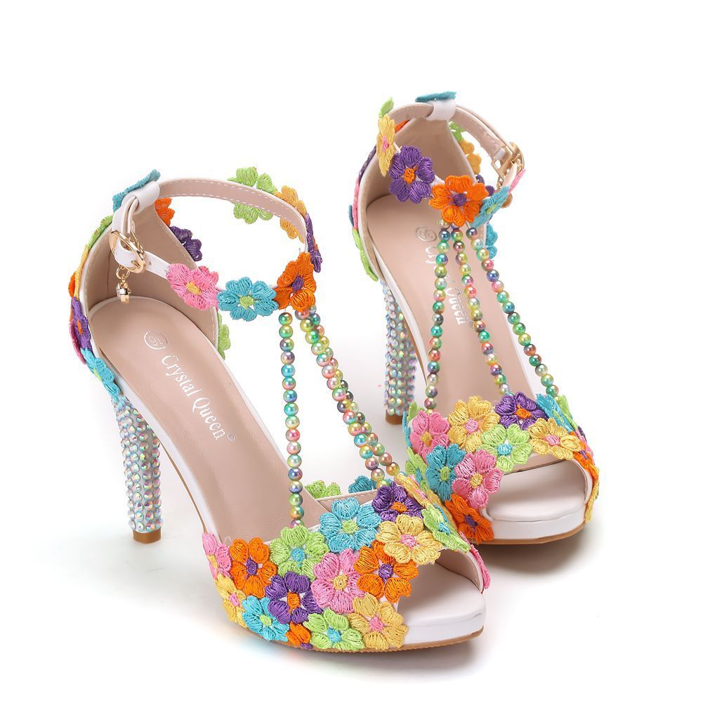10 Cm Fish Mouth Beaded Rhinestone Platform High-Heeled Sandals Platform Sandals Stiletto Lace Beaded Wedding Shoes