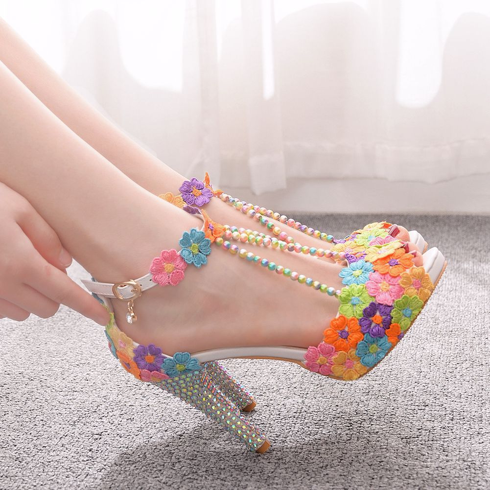 10 Cm Fish Mouth Beaded Rhinestone Platform High-Heeled Sandals Platform Sandals Stiletto Lace Beaded Wedding Shoes
