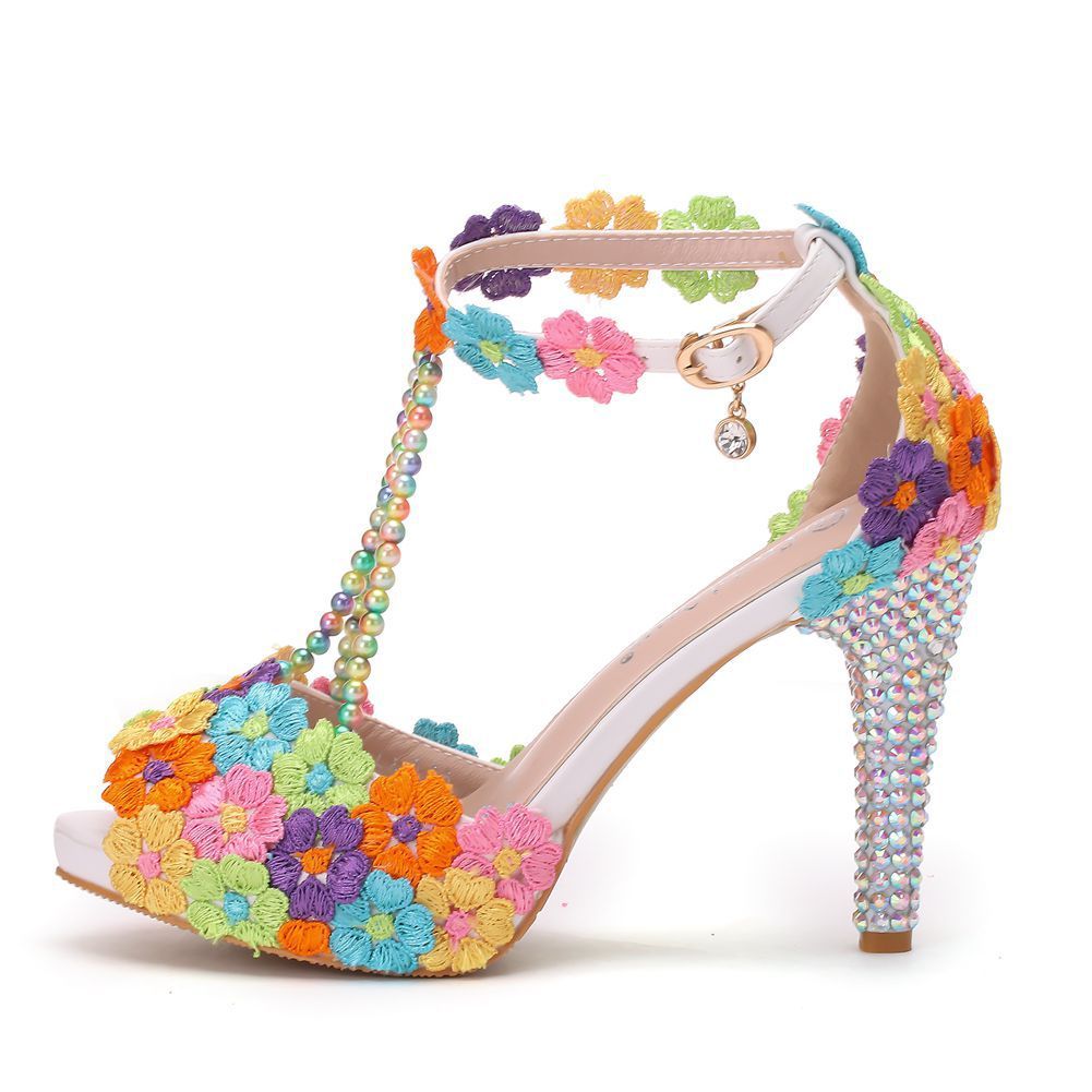 10 Cm Fish Mouth Beaded Rhinestone Platform High-Heeled Sandals Platform Sandals Stiletto Lace Beaded Wedding Shoes