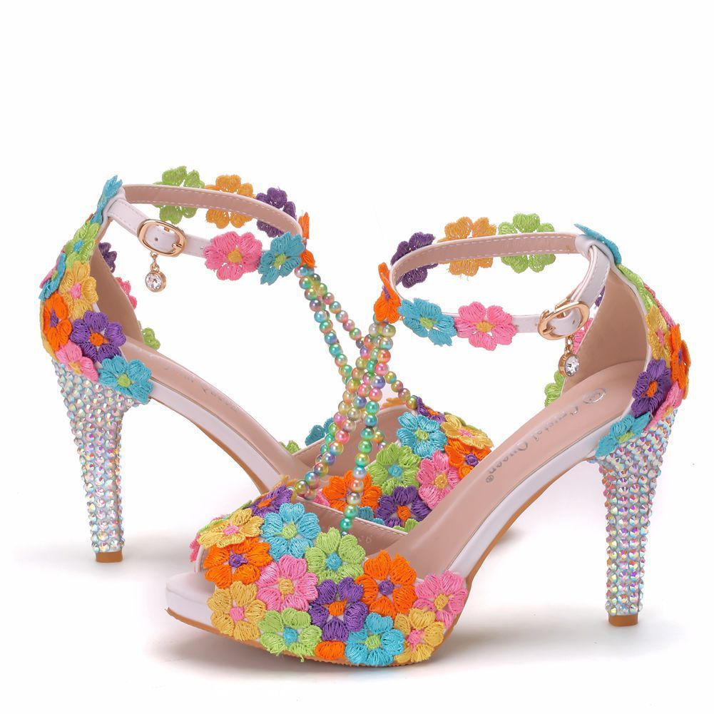 10 Cm Fish Mouth Beaded Rhinestone Platform High-Heeled Sandals Platform Sandals Stiletto Lace Beaded Wedding Shoes