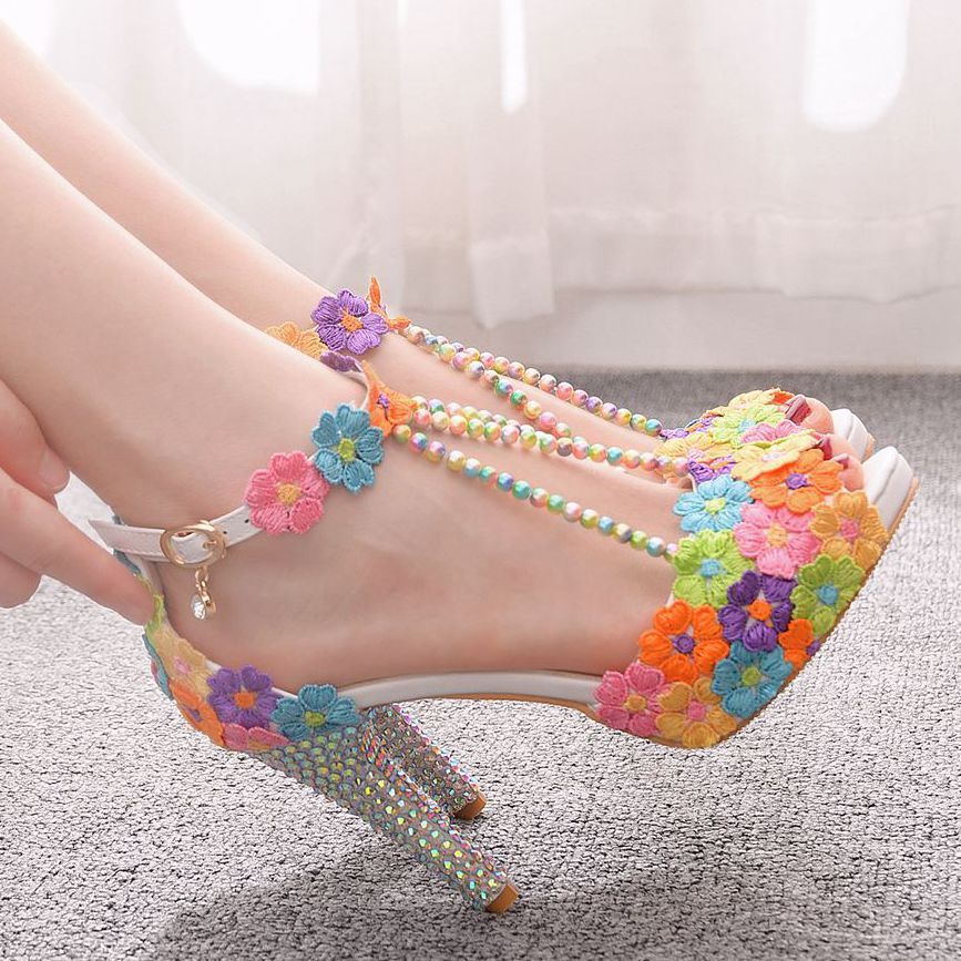 10 Cm Fish Mouth Beaded Rhinestone Platform High-Heeled Sandals Platform Sandals Stiletto Lace Beaded Wedding Shoes