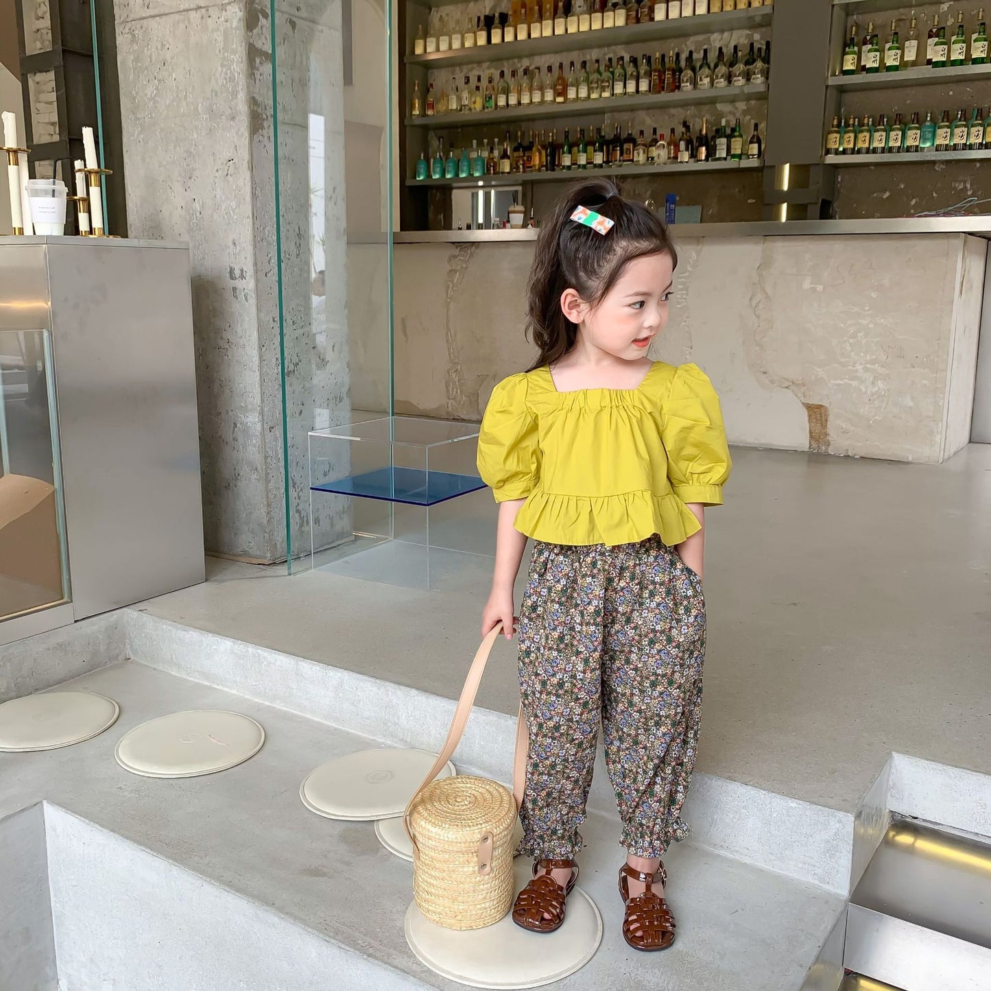 Girls' Short Puff Sleeve Top With Floral Trousers