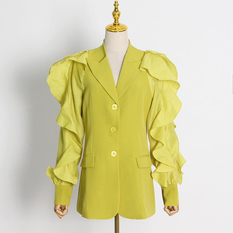 Personality Lapel Gauze Stitching Puff Sleeves High-quality Slim Suit Jacket
