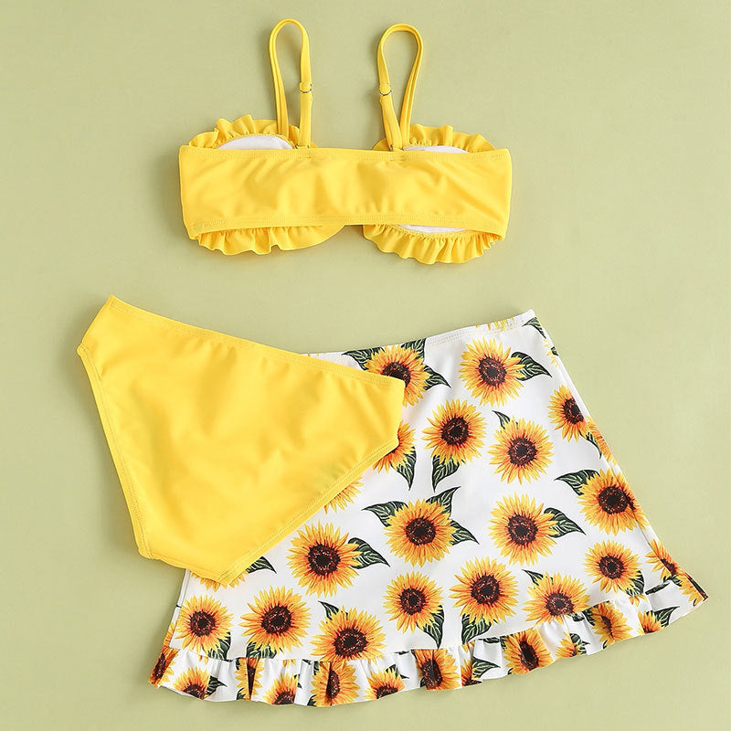 🌻 Maillot de Bain 3 Pièces Fille – Motif Tournesol Éclatant