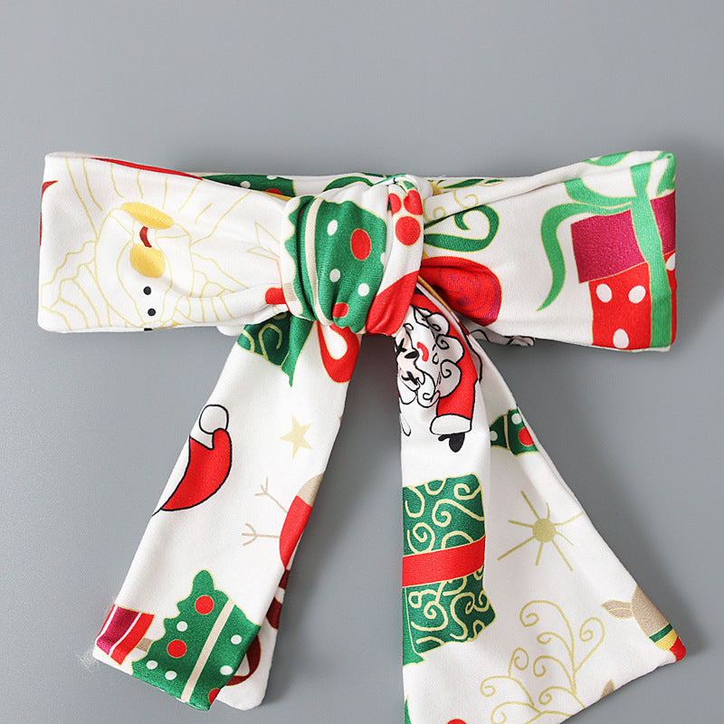 Girls' Long-sleeved Round Neck Cake Dress Christmas Printed Trousers Hair Band 3 Pieces Suit