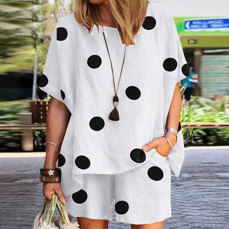 Women's Polka Dot Print Crew Neck Loose Short Sleeve Shorts Set