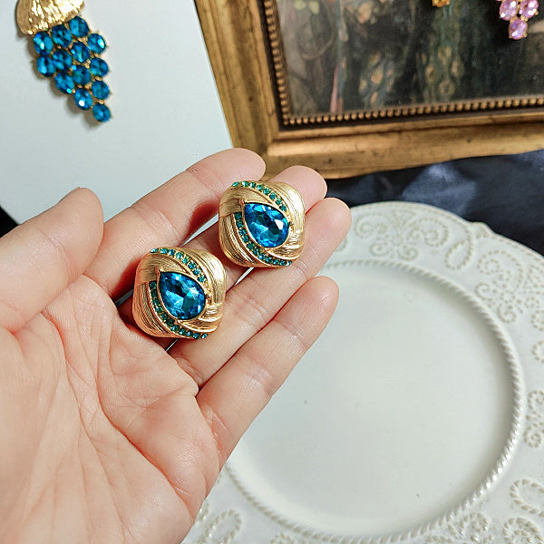 Blue Bright Crystal Oval Stud Earrings Wheat Plain Gold Necklace