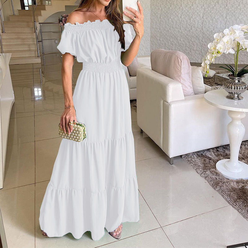 Robe Bardot Élégance – Manches Bouffantes & Taille Haute