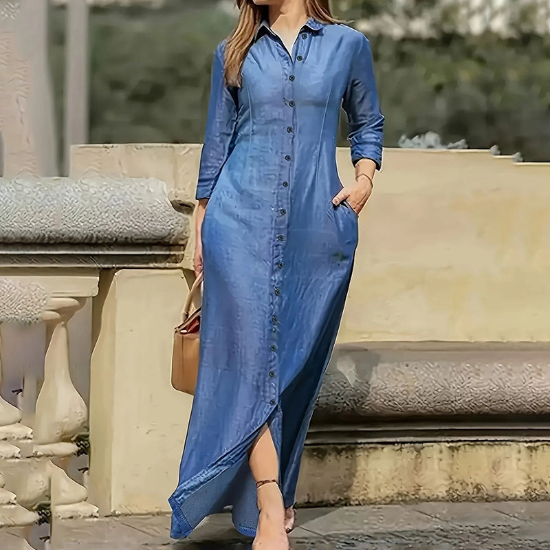 Robe longue en jean pour femme – Décontractée, boutonnée, manches longues, avec poches