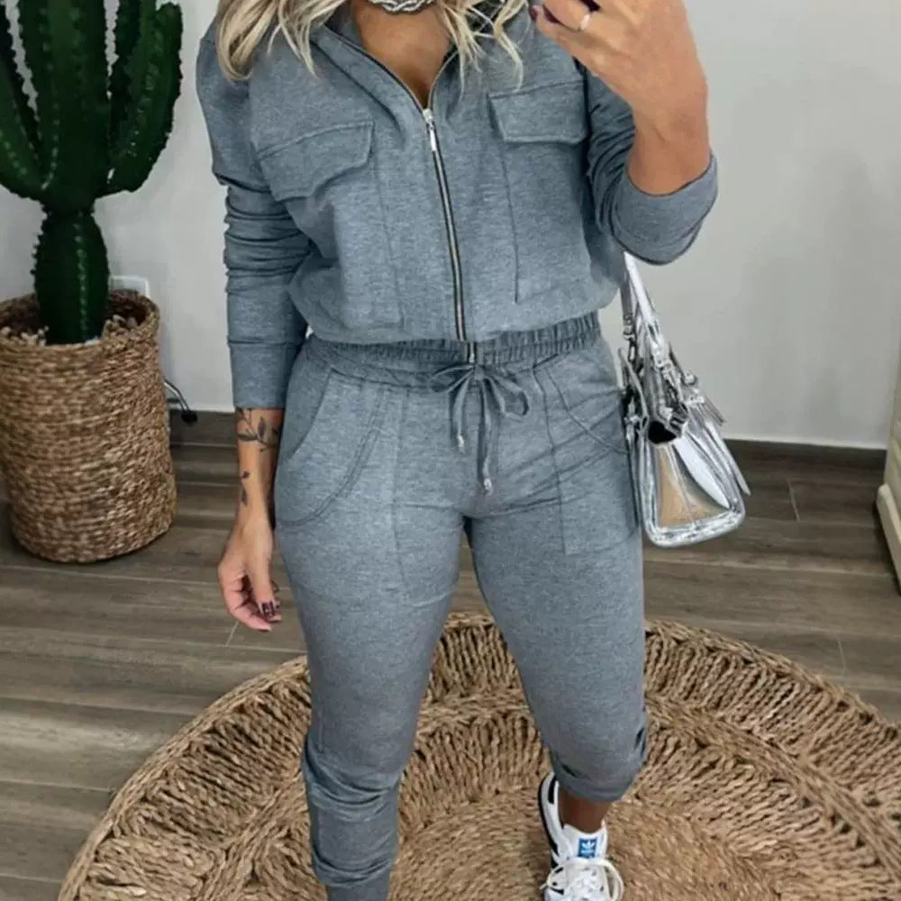 Women's New Solid Color Zipper Coat Elastic Waist Casual Pants Suit