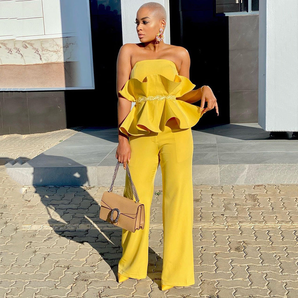 Pure Color Tube-top Wide Leg Pants Ruffled Comfort And Casual Suit