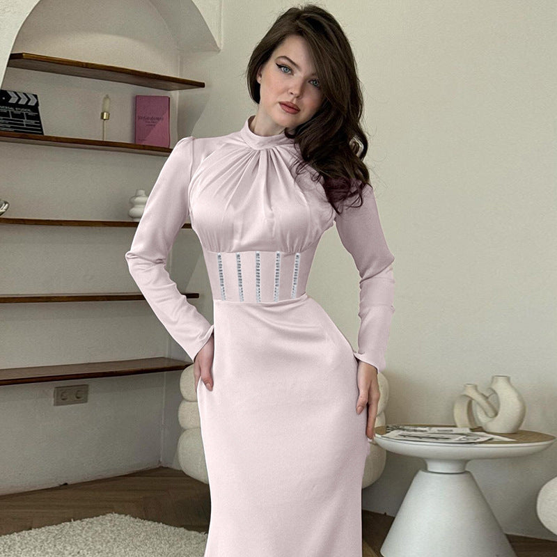 Autumn Fashion Style Half Turtleneck Rhinestone Long Sleeve Dress