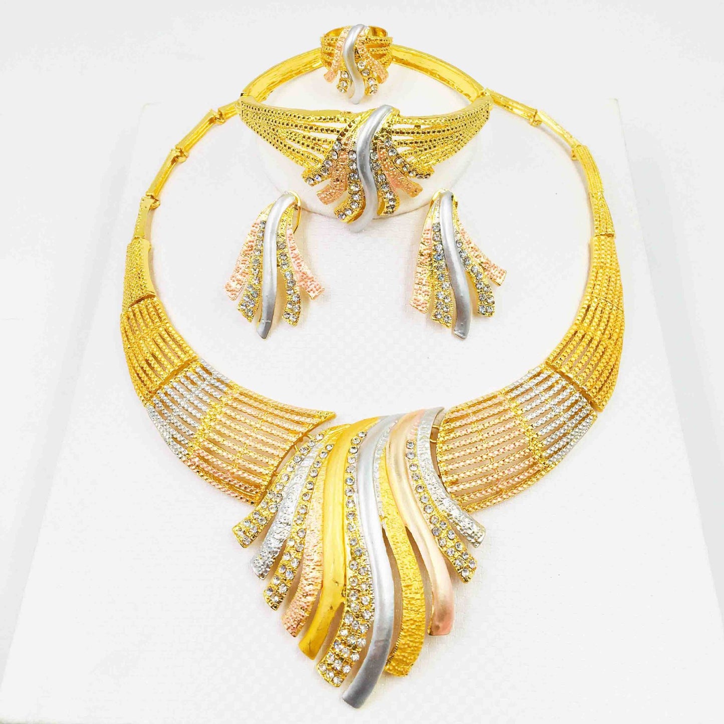 Four-piece alloy necklace, bracelet, ring and earrings