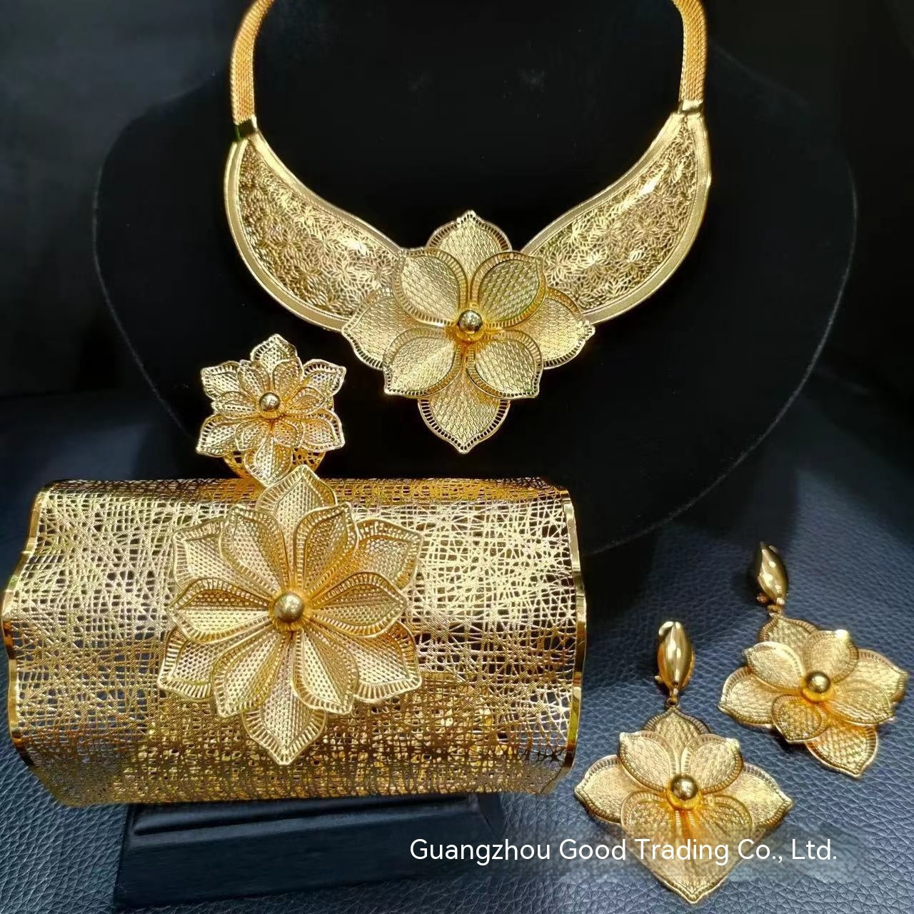 24K Gold Plated Large Flower Hollow Jewelry Suit