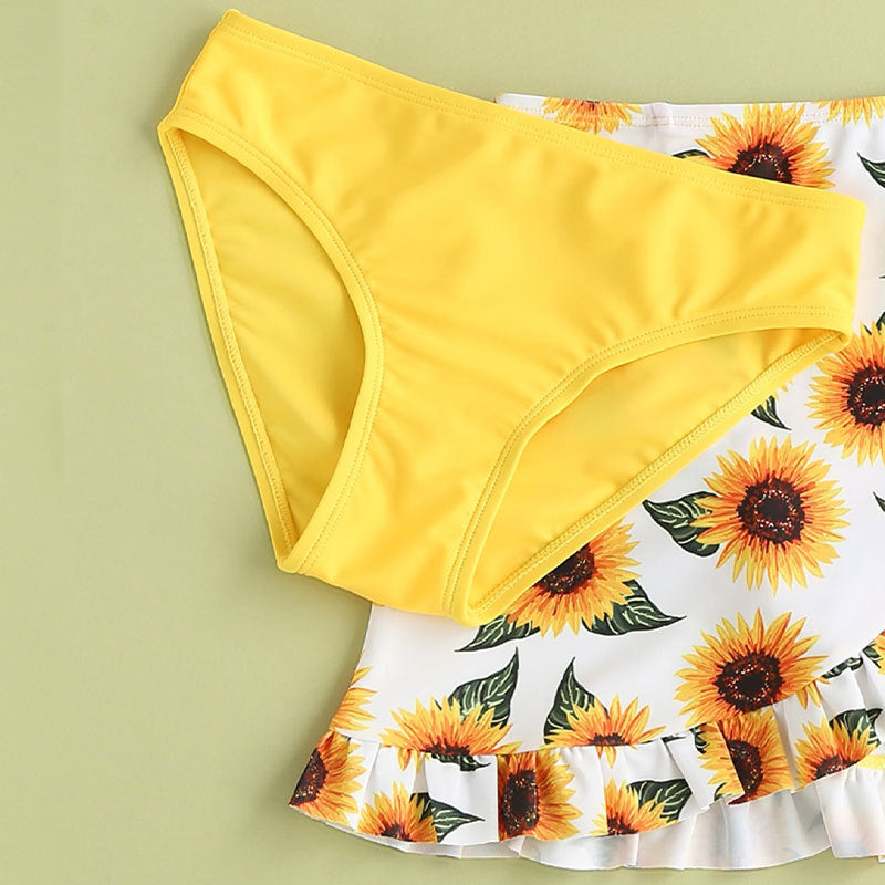 🌻 Maillot de Bain 3 Pièces Fille – Motif Tournesol Éclatant