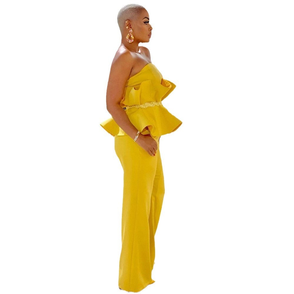 Pure Color Tube-top Wide Leg Pants Ruffled Comfort And Casual Suit