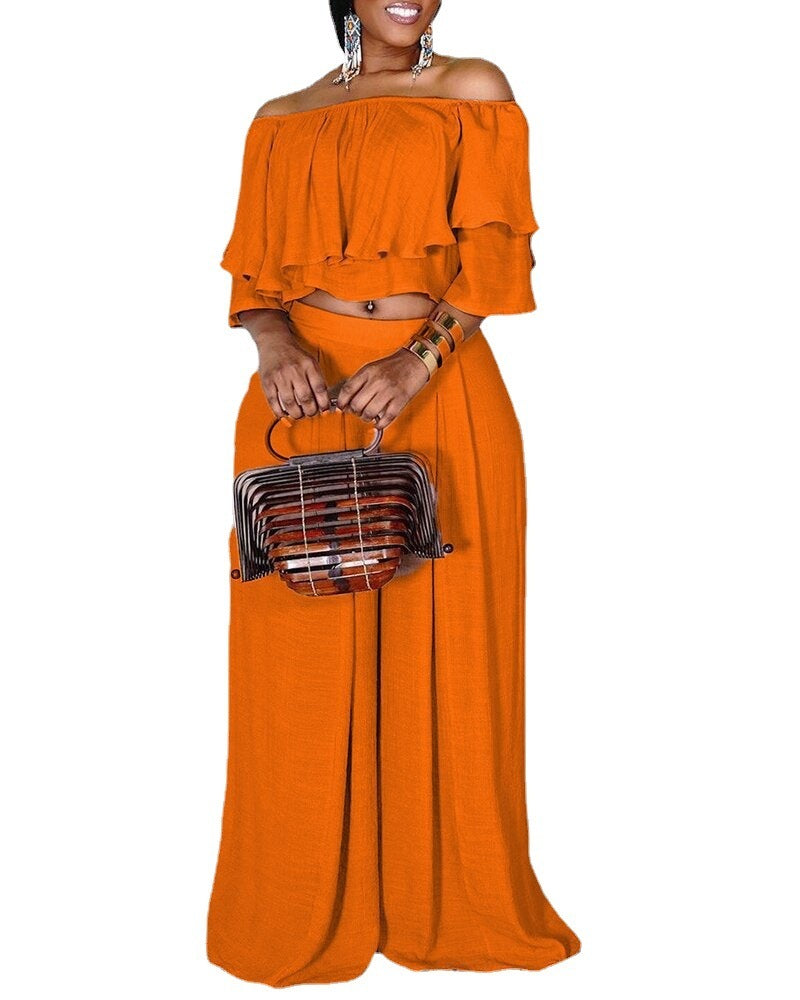 Women's Fashionable Off-neck Ruffle Top Wide-leg Pants Suit