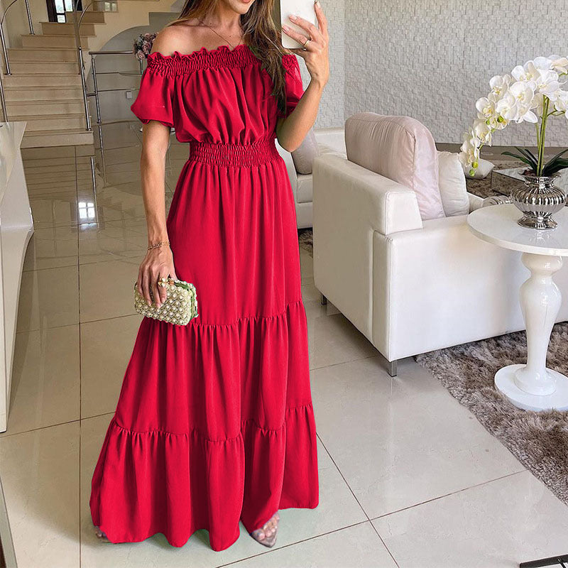 Robe Bardot Élégance – Manches Bouffantes & Taille Haute