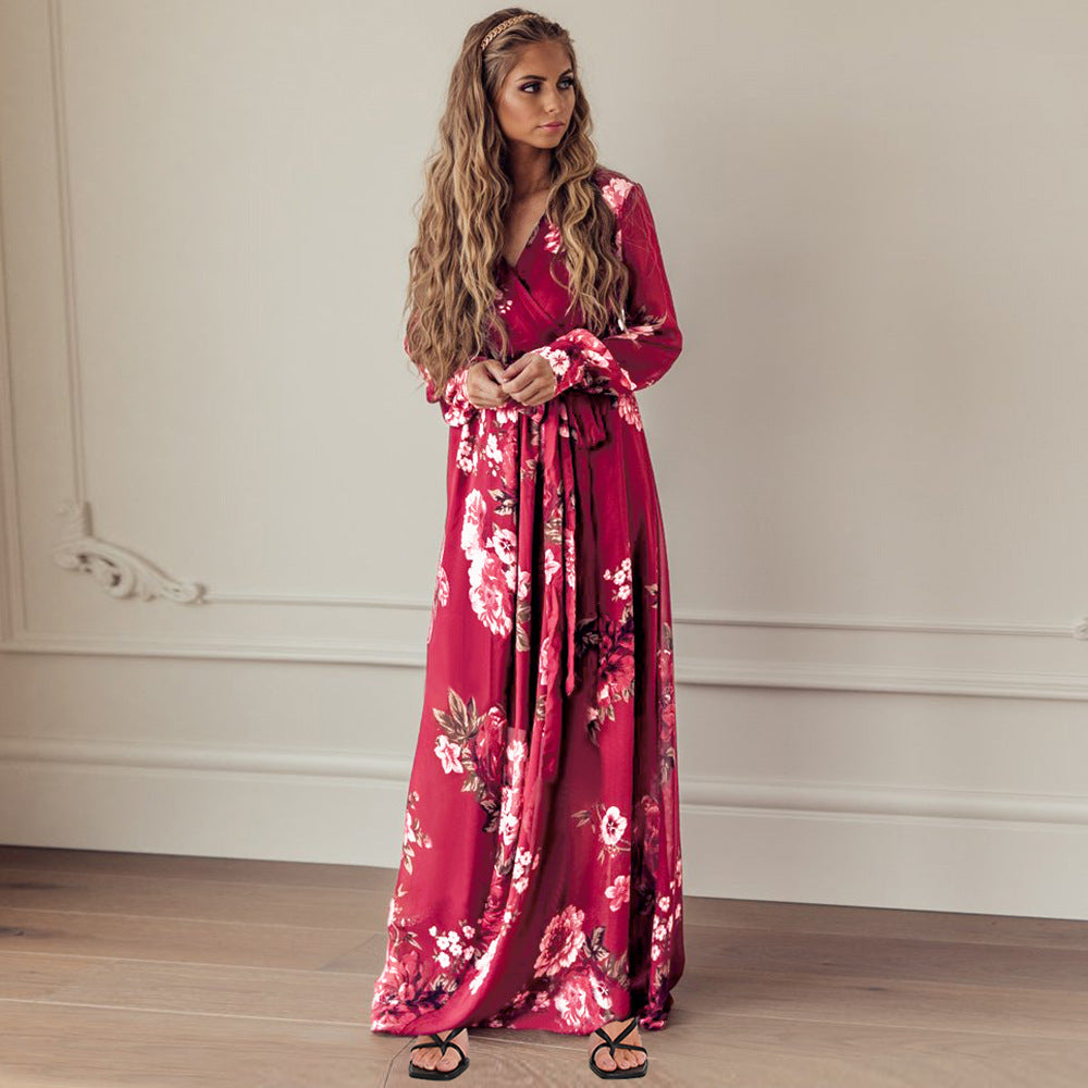 Women's Plus Size New V-neck Long-sleeved Floral Knitted Dress