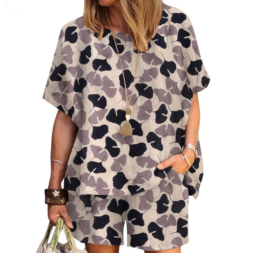 Women's Polka Dot Print Crew Neck Loose Short Sleeve Shorts Set
