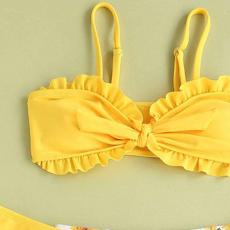 🌻 Maillot de Bain 3 Pièces Fille – Motif Tournesol Éclatant