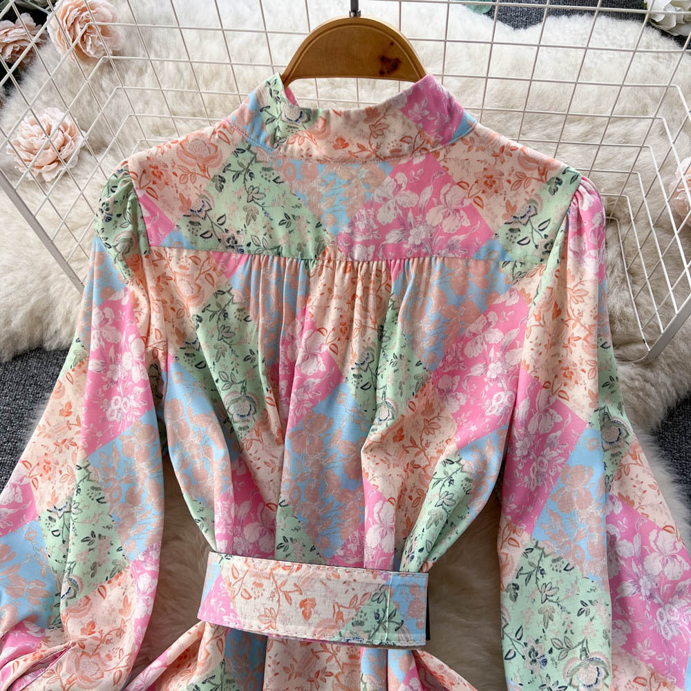 French Retro Printed Pleated Waist Tight Puff Sleeve Midi Dress
