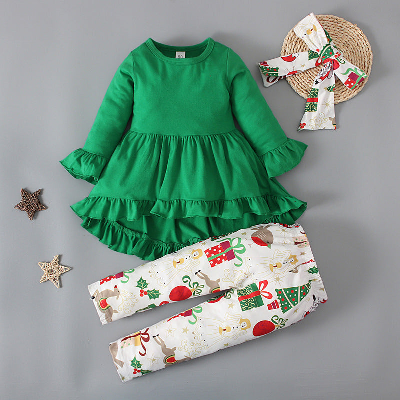 Girls' Long-sleeved Round Neck Cake Dress Christmas Printed Trousers Hair Band 3 Pieces Suit