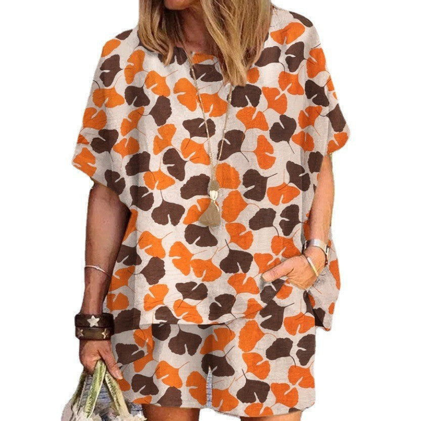 Women's Polka Dot Print Crew Neck Loose Short Sleeve Shorts Set