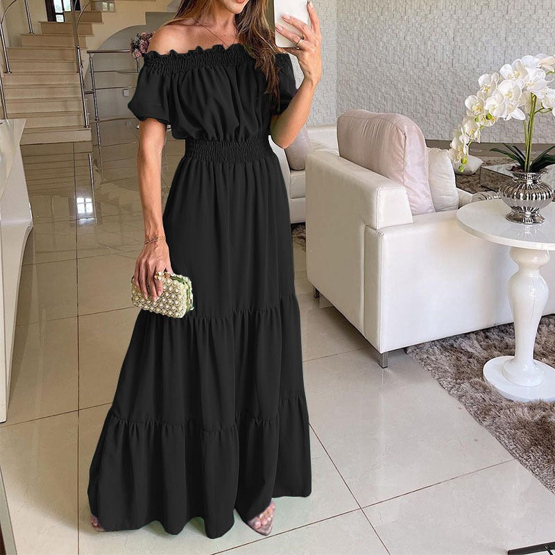 Robe Bardot Élégance – Manches Bouffantes & Taille Haute
