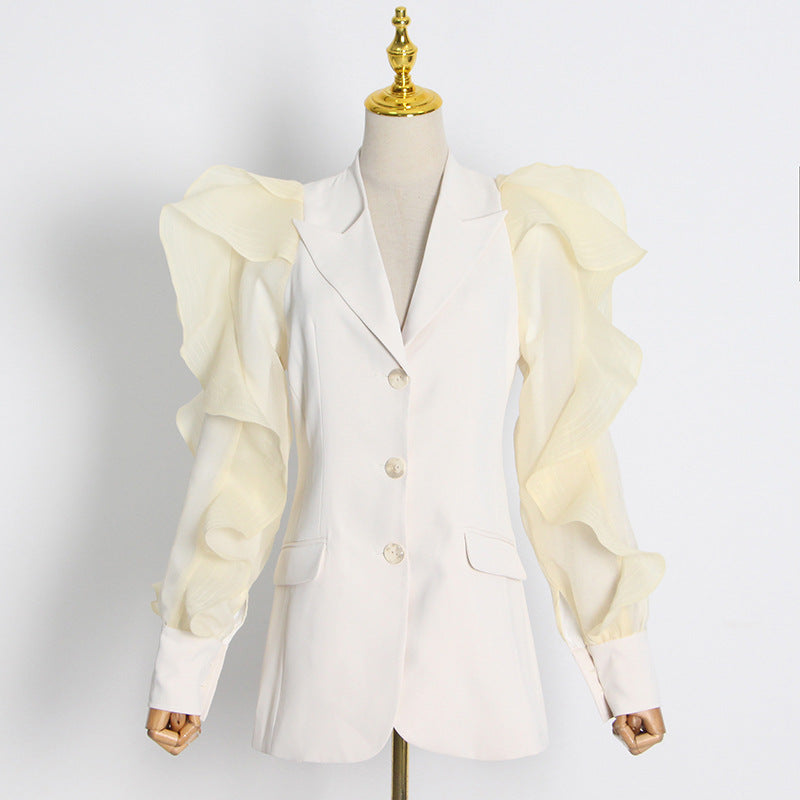 Personality Lapel Gauze Stitching Puff Sleeves High-quality Slim Suit Jacket