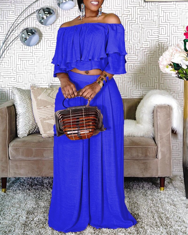 Women's Fashionable Off-neck Ruffle Top Wide-leg Pants Suit