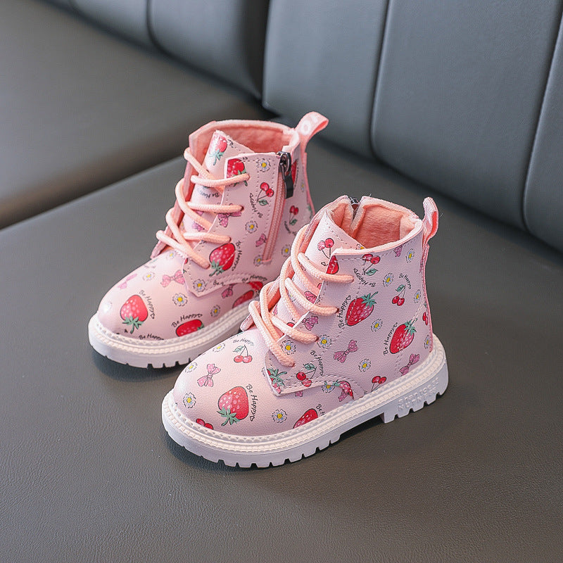 Girls' Martin Boots – Strawberry Print & Warm Lining | Waterproof & Stylish
